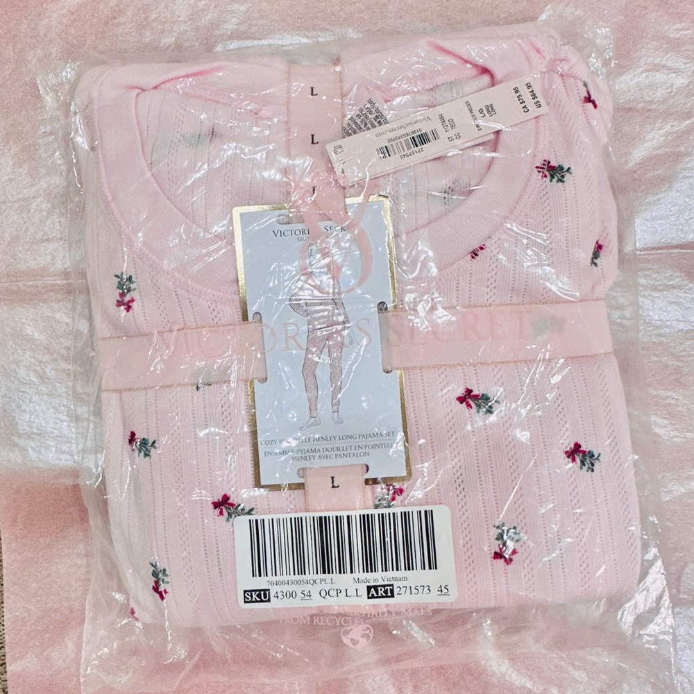 Victoria's Secret Pink Floral Knit Pajama Set - Pink with Red & Green Accents